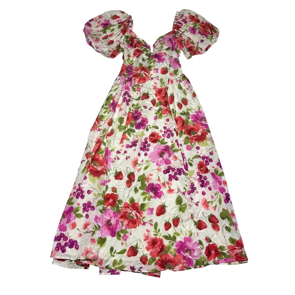 Abercrombie Maxi Dress Strawberry Floral Print Puff Sleeve Sweetheart Neck XS